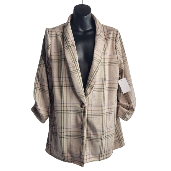 originality Jackets & Blazers - Originality Blazer Jacket Women Multicolor Plaid Ruched Cuff One Button Sz L NWT